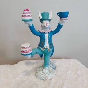Tophat & Tail Easter Bunny Mad Hatter Balancing Teacup And Cakes 12.5" NEW!